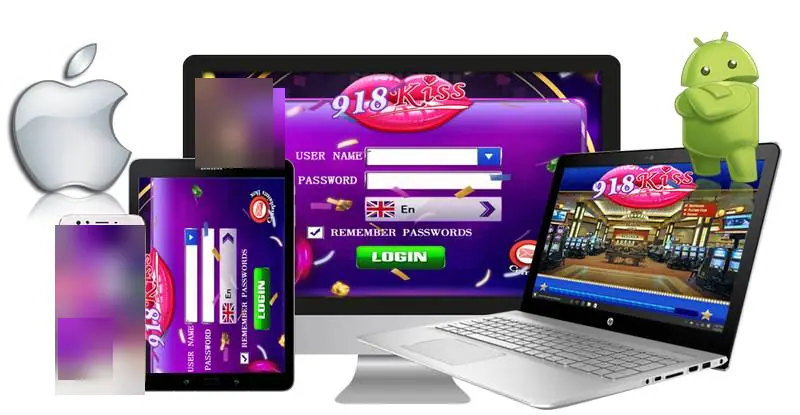 918Kiss login screen shown on a desktop monitor, tablet and phone, with user name and password fields, a language selector and a green Login button, plus a laptop showing the lobby