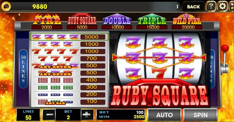 Gulungan Hot Seven di AAA dengan angka tujuh, tumpukan bar, dan berlian, serta kotak jackpot Fire sampai Wild Fire di atas