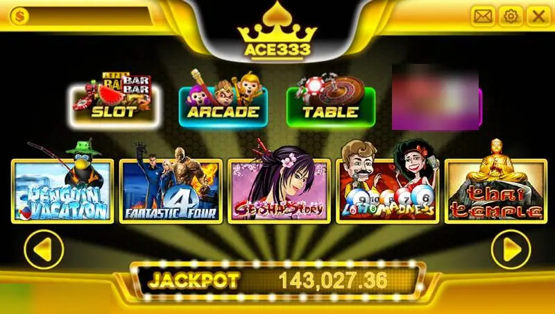Lobi ACE333 dengan tab Slot, Arcade, Table, dan Live, sederet ubin game, dan penghitung jackpot