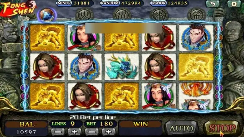 Slot Fong Shen di dalam aplikasi 3Win8: 5 gulungan berisi qilin emas dan potret karakter, kotak jackpot Minor, Random, dan Major di atas, serta kotak saldo, line, dan taruhan di bawah