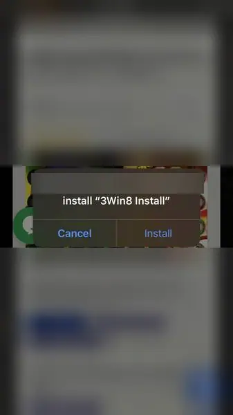Dialog iOS yang meminta izin memasang 3Win8 Install, dengan tombol Cancel dan Install di atas halaman web yang diredupkan