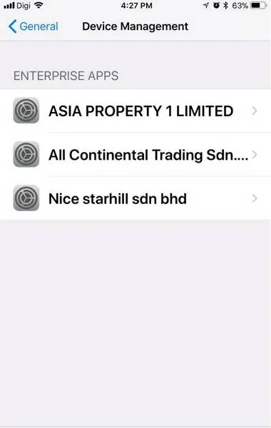 Layar Device Management yang menampilkan tiga profil developer aplikasi enterprise