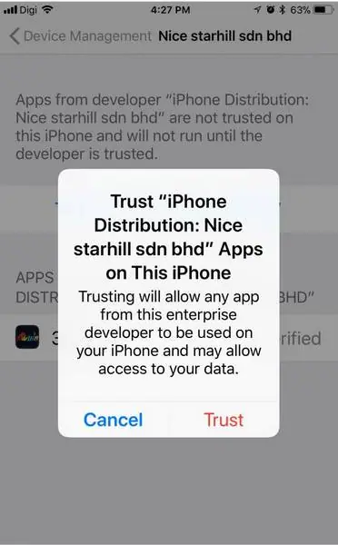 Pop-up konfirmasi Trust yang memperingatkan aplikasi dari developer enterprise ini bisa mengakses data kamu