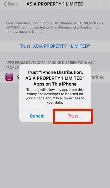 Trust confirmation pop-up with the red Trust button highlighted