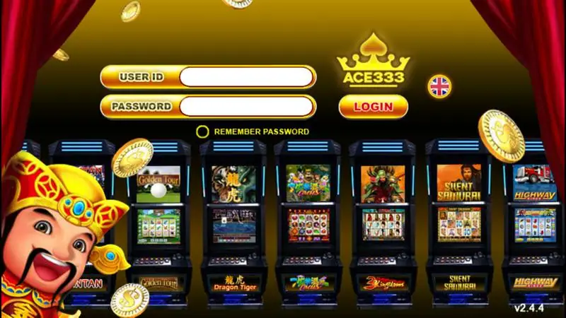 Layar login ACE333 dengan kolom User ID dan Password, opsi Remember Password, tombol Login, dan deretan mesin slot di bawahnya, versi v2.4.4 di pojok