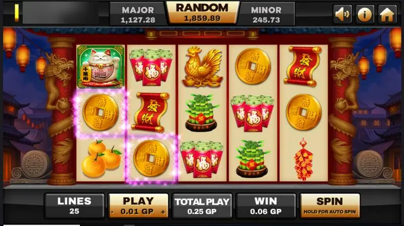 Slot Joker123 dengan kucing hoki, koin emas, angpao merah, dan ayam jago emas di gulungan, jackpot Major, Random, dan Minor di atas, serta bar Lines, Play, Total Play, Win, dan Spin di bawah