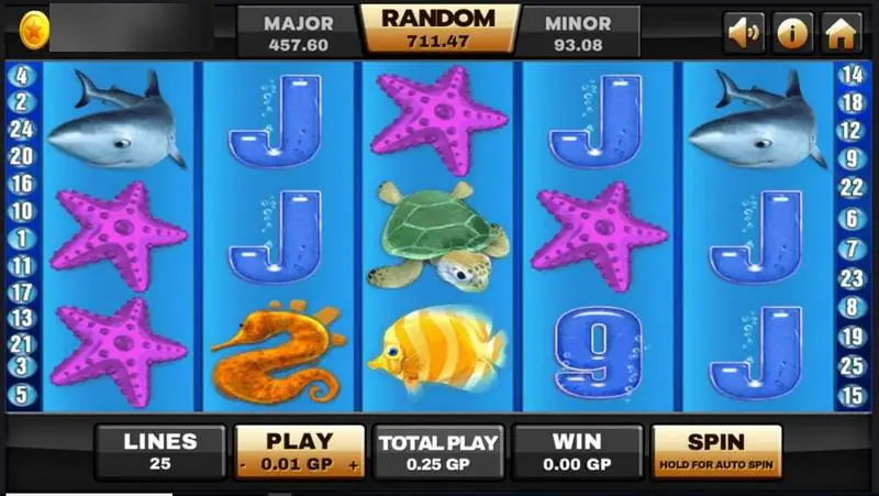 Slot laut Joker123 dengan bintang laut, hiu, penyu, dan huruf kartu biru, 25 line dan 0.01 GP per line