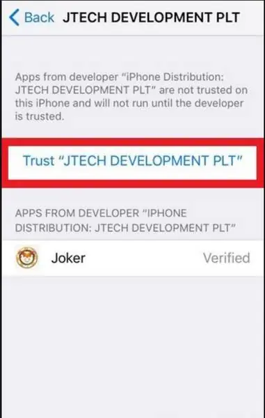 Pop-up Trust untuk developer enterprise dengan tombol merah Trust disorot