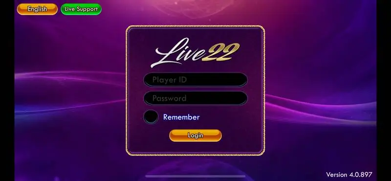 Layar login Live22 dalam posisi mendatar dengan kolom Player ID dan Password, sakelar Remember, tombol Login, tombol English dan Live Support, serta Version 4.0.897