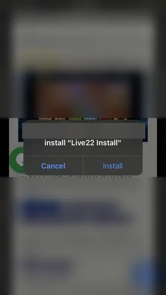 Dialog Safari yang meminta izin memasang Live22 Install, dengan tombol Cancel dan Install