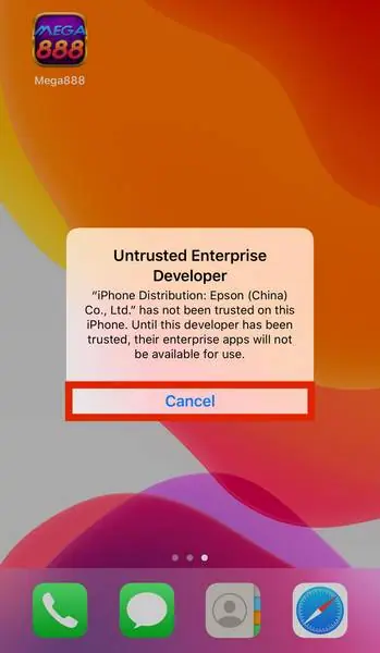 Peringatan Untrusted Enterprise Developer yang menyebut pemegang sertifikat, dengan tombol Cancel