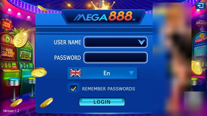 Layar login Mega888 dengan kotak User Name dan Password, pilihan bahasa English, kotak centang Remember Passwords, dan tombol Login