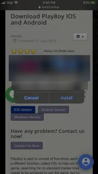 iPhone pop-up asking to install Play8oy Install, with Cancel and Install buttons
