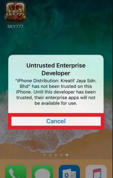 Pesan Untrusted Enterprise Developer untuk Kreatif Jaya Sdn. Bhd dengan tombol Cancel, ikon SKY777 di kiri atas