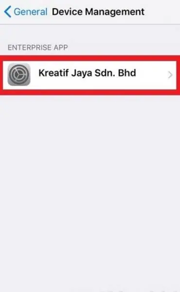 Layar Device Management yang menampilkan Kreatif Jaya Sdn. Bhd di bawah Enterprise App