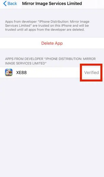 Halaman developer yang menampilkan XE88 sebagai Verified, dengan tombol Delete App di atasnya