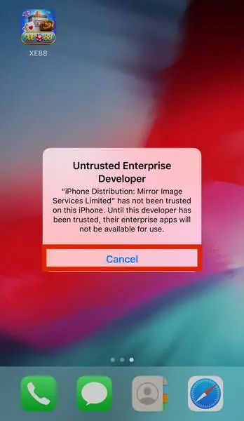 Peringatan Untrusted Enterprise Developer yang menyebut Mirror Image Services Limited, dengan ikon XE88 di kiri atas