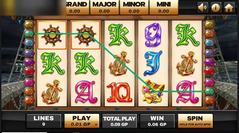 Kemenangan Captain's Treasure Progressive dengan kemudi kapal di gulungan 1 dan 2 serta peti di gulungan 4