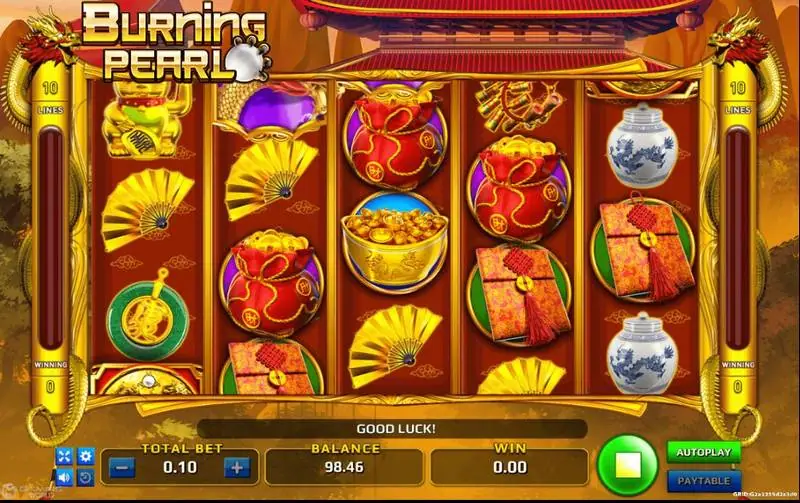 Gulungan Burning Pearl dengan kipas emas, guci porselen, kantong uang, angpao merah, dan mangkuk ingot emas