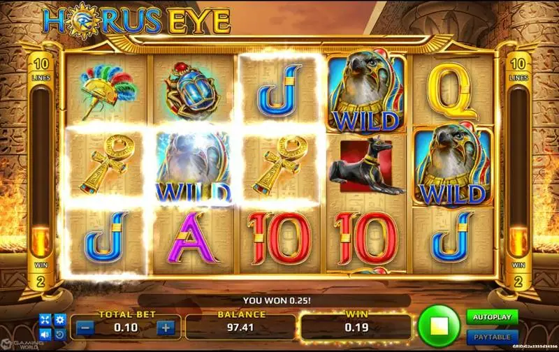 Kemenangan Horus Eye dengan dua simbol ankh dan satu wild Horus disorot, dan tulisan You Won 0.25 di bar pesan