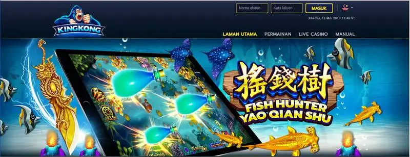 Header situs King Kong Casino dengan kolom login dan tab berbahasa Melayu, serta banner Fish Hunter Yao Qian Shu