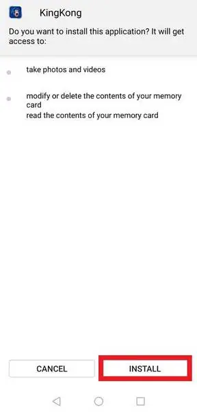 Layar instalasi Android untuk KingKong yang mencantumkan izin kamera dan kartu memori dengan tombol Cancel dan Install