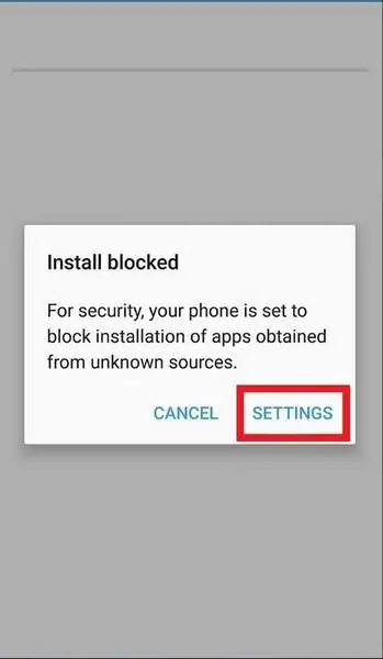 Dialog Install blocked di Android yang menyebut HP memblokir aplikasi dari sumber tidak dikenal, dengan tombol Cancel dan Settings