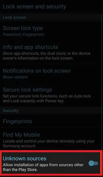 Pengaturan Lock screen and security di Samsung dengan sakelar Unknown sources disorot di bagian bawah