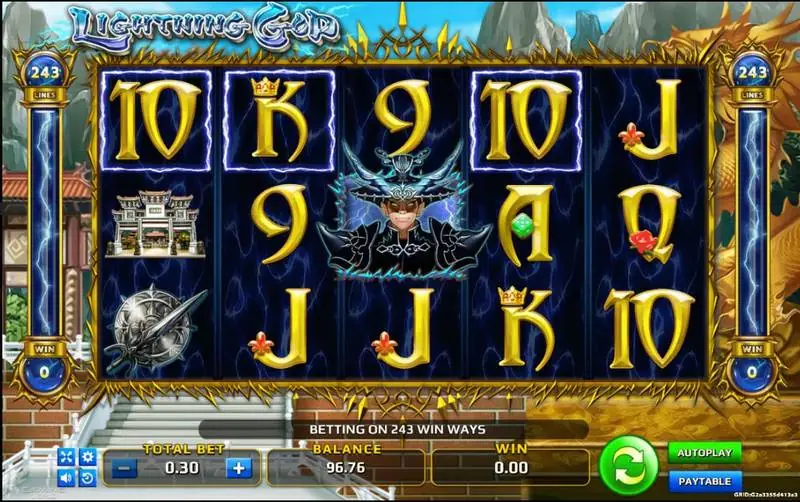 Gulungan Lightning God dengan scatter prajurit di gulungan ketiga dan simbol 10 serta K bergaris tepi di baris atas