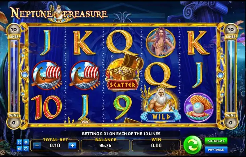 Gulungan Neptune Treasure dengan scatter peti harta di gulungan tiga dan wild Neptunus di gulungan empat