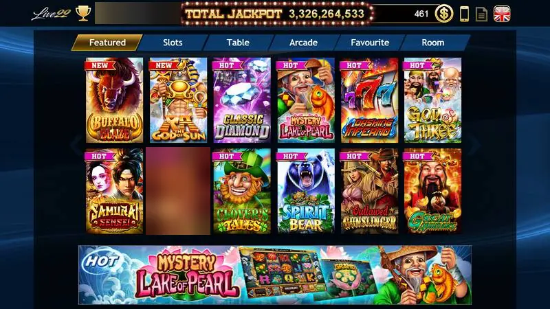 Lobi Live22 dengan tab Featured, Slots, Table, Arcade, Favourite, dan Room, penghitung total jackpot, dan deretan ubin game