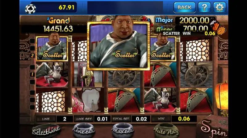 Reel Jin Ping Mei di 3Win8 dengan tiga simbol scatter Wu Da-Lang di baris atas dan kemenangan scatter 0.06