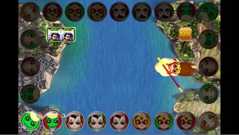 Papan Jue Zhan Tian Xia di 3Win8 dengan token karakter mengelilingi laut dan Kera Sakti menunggang awan