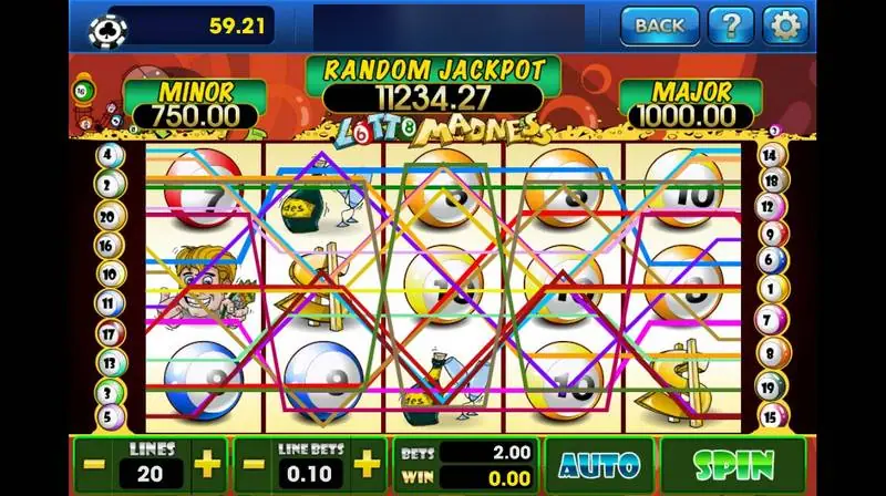 Lotto Madness di 3Win8 dengan 20 payline tergambar di atas simbol bola dan total taruhan 2.00