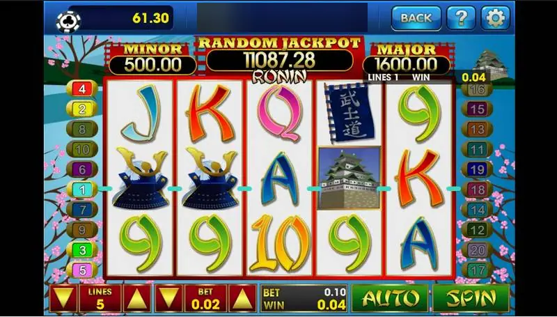 Ronin on 3Win8 with 5 lines active and two samurai helmets plus a castle on line 1 paying 0.04