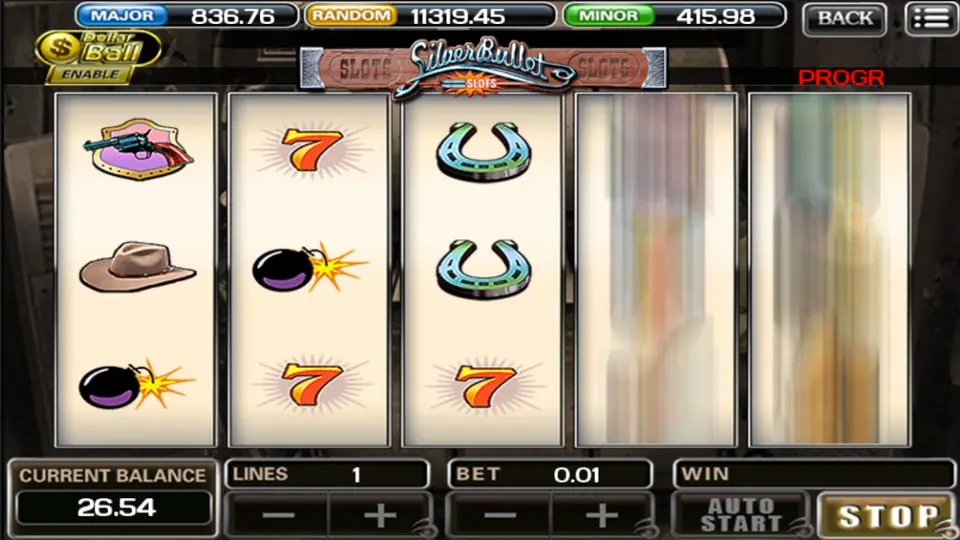 Silver Bullet di ACE333 dengan lencana revolver, bom, angka 7, dan tapal kuda, gulungan 4 dan 5 masih berputar