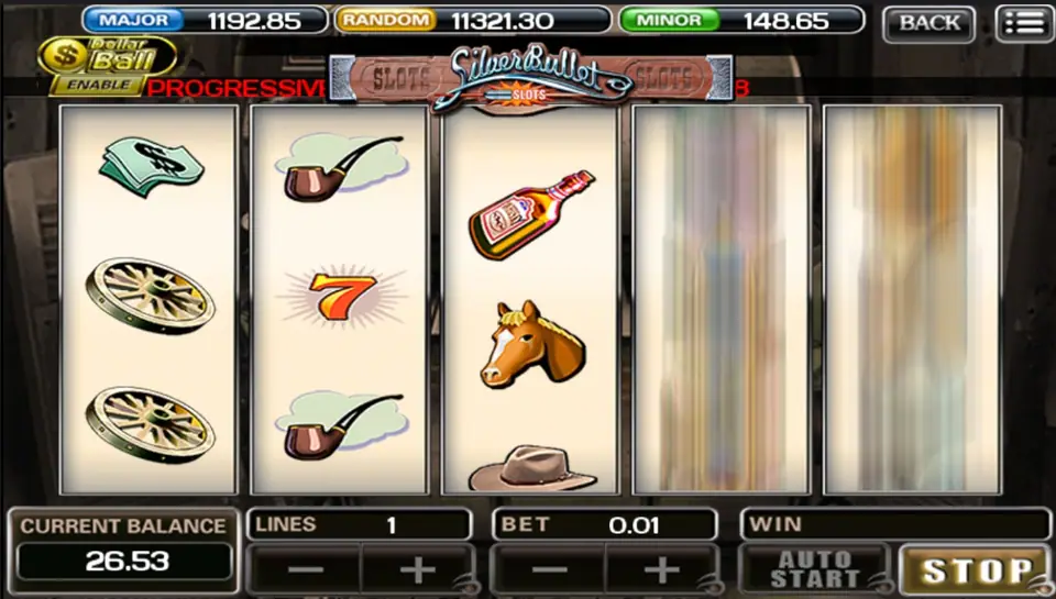 Gulungan Silver Bullet di ACE333 dengan uang dolar, pipa rokok, kepala kuda, dan roda gerobak