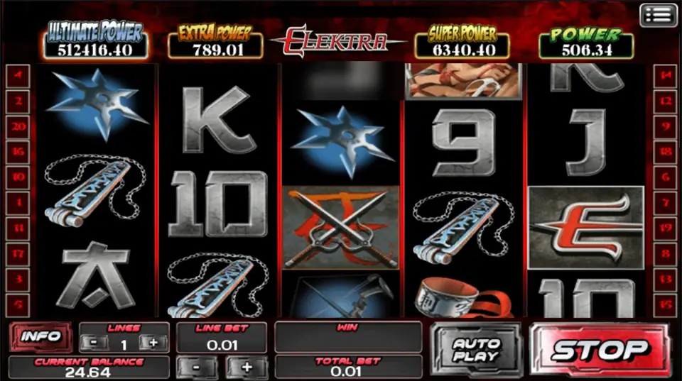 Slot Elektra di ACE333 dengan logo E dan sai bersilang di gulungan 5 saat berputar