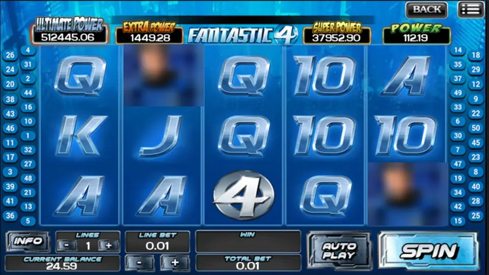 Slot Fantastic 4 di ACE333 dengan logo 4 perak di gulungan 3 dan huruf kartu biru, kotak jackpot Power di atas