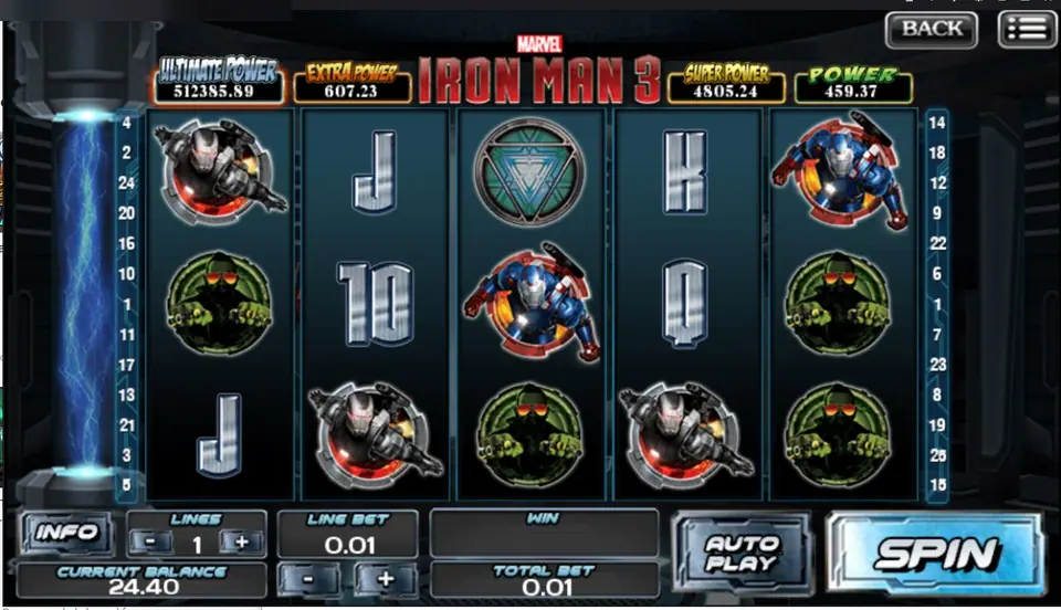 Iron Man 3 slot on ACE333 with War Machine, Iron Patriot and green Extremis soldier symbols spread across the reels