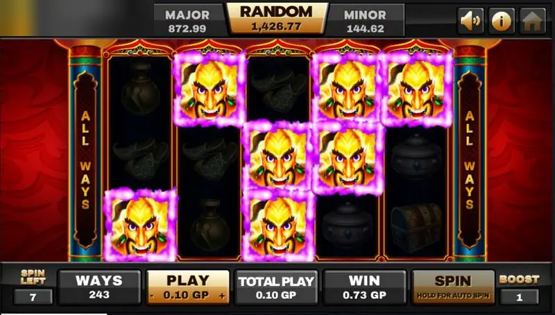 Aladdin free spins on Joker123 with gold Ancient Genie symbols across the reels, 7 spins left and a boost counter