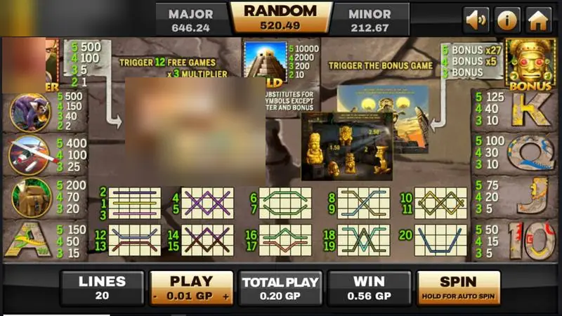 Azteca paytable with scatter, wild, bonus game and all 20 line patterns