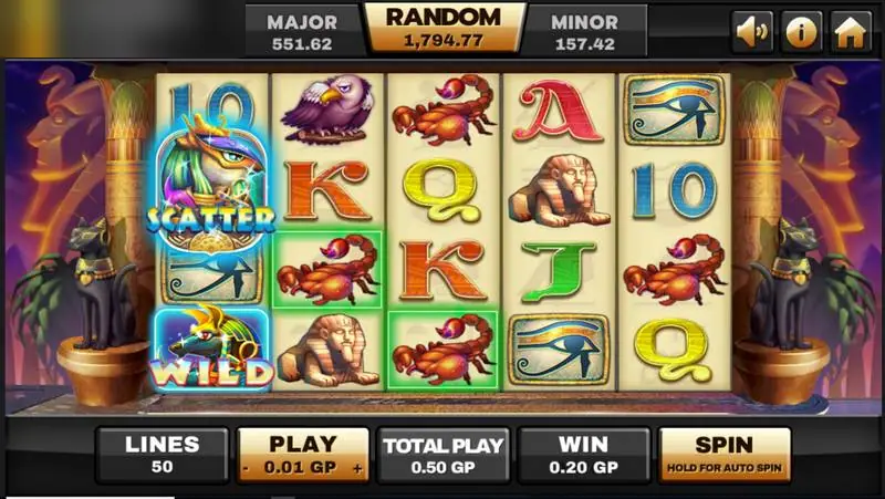 Gulungan Egypt Queen di Joker123 dengan scatter dewa elang dan wild Anubis di gulungan 1
