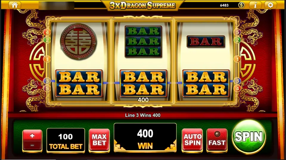 Three double BAR symbols across line 3 of 3x Dragon Supreme paying 400
