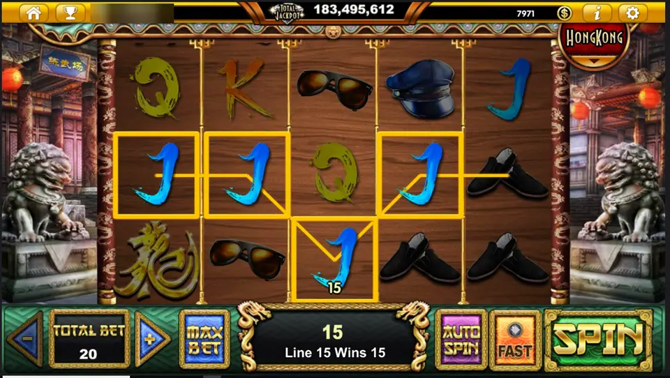 Gulungan Bruce The Legend berlatar kayu dengan line menang berisi simbol J biru dan pesan Line 15 Wins 15