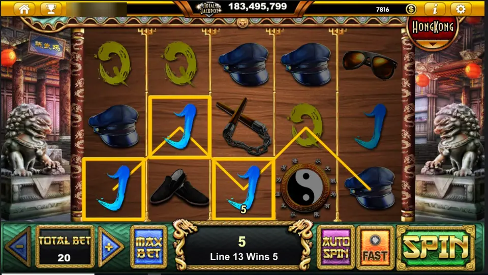 Dua line menang berisi simbol J biru yang dihubungkan garis zigzag, dengan pesan Line 13 Wins 5