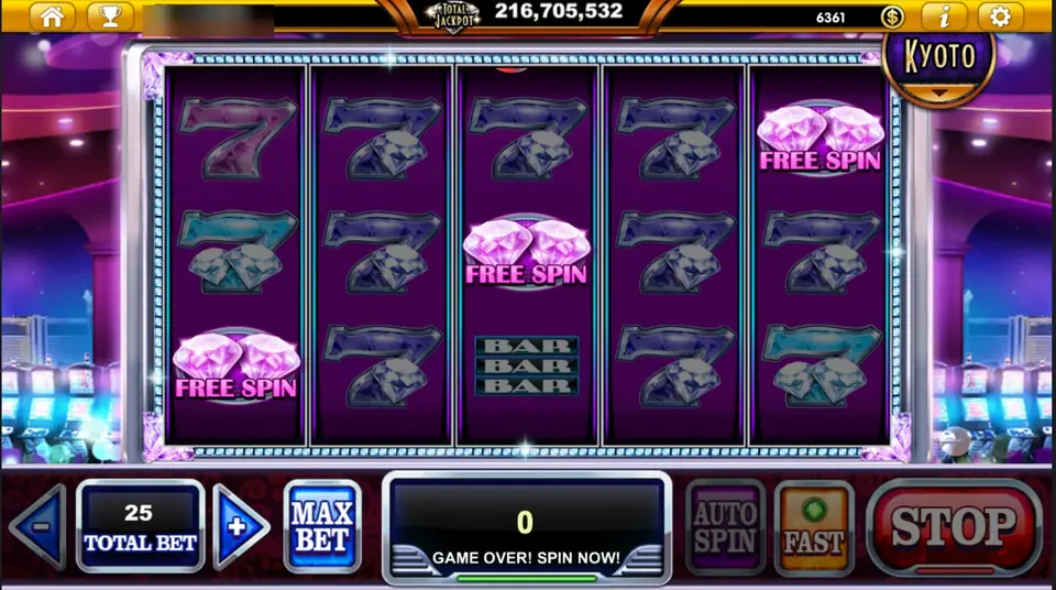 Gulungan Classic Diamond meredup dengan tiga scatter berlian pink Free Spin yang disorot