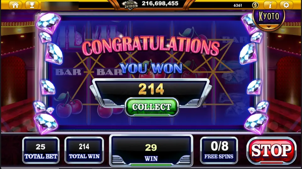 Layar Congratulations You Won 214 dengan tombol Collect dan sisa 0/8 free spin