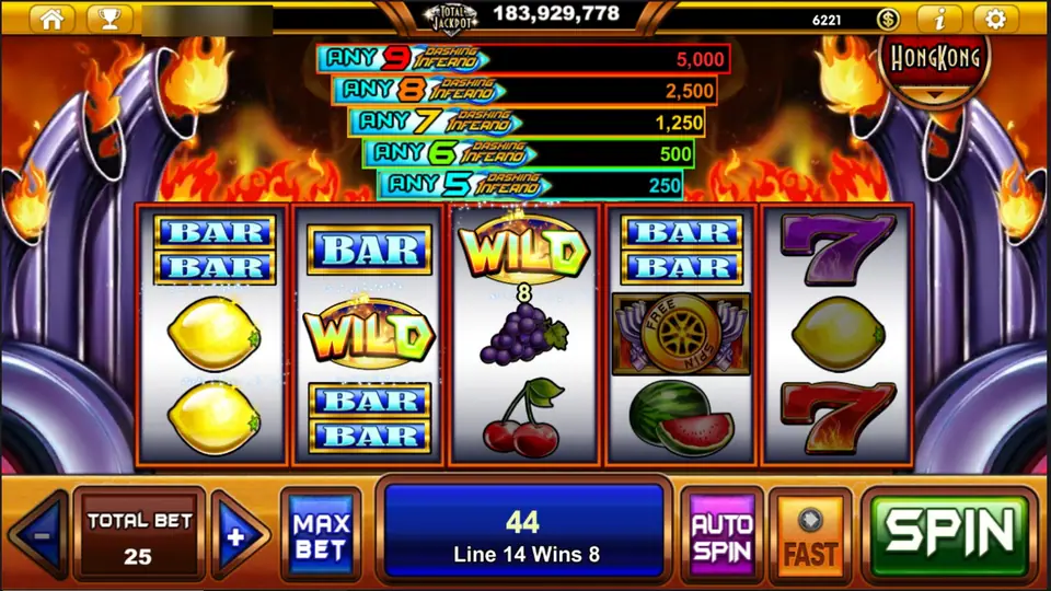 Simbol WILD di gulungan 2 dan 3 di Dashing Inferno melengkapi kemenangan line 14 sebesar 8