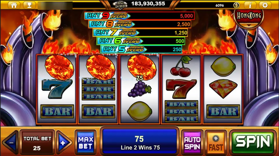 Tiga simbol Dashing Inferno berapi di baris atas dengan kemenangan 75 di line 2